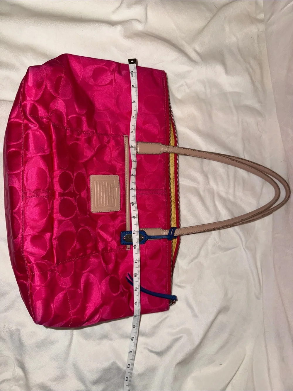 Coach Hot Pink Signature Nylon Tote with Tan Straps and Blue Trim #24862